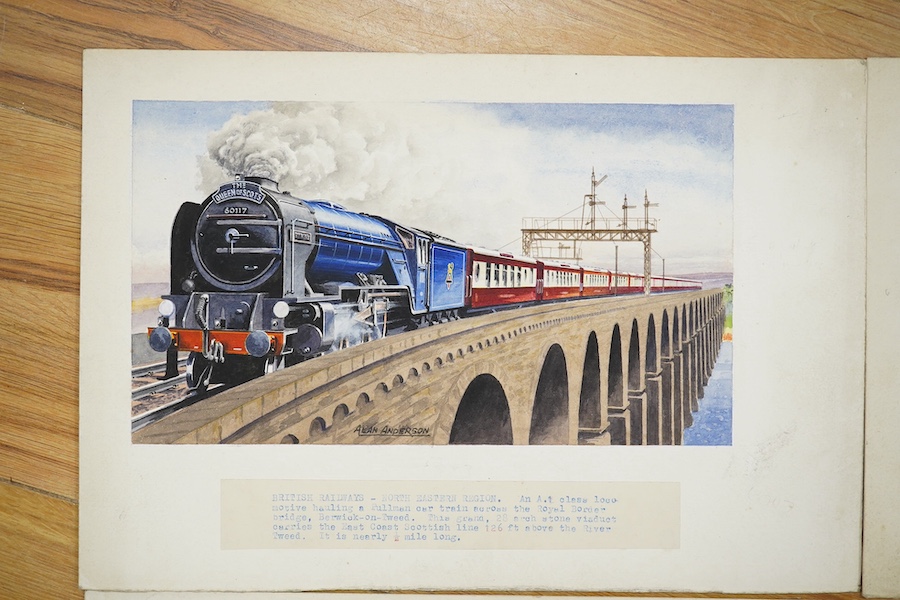 Alan Anderson, four original watercolours for postcards, Vintage Steam Trains, ‘A1 class Queen of Scots’, ‘Southern Region Golden Arrow’, ‘A2 class Barham’ and ‘A4 Pacific Union of South Africa, three signed, mounted, 24